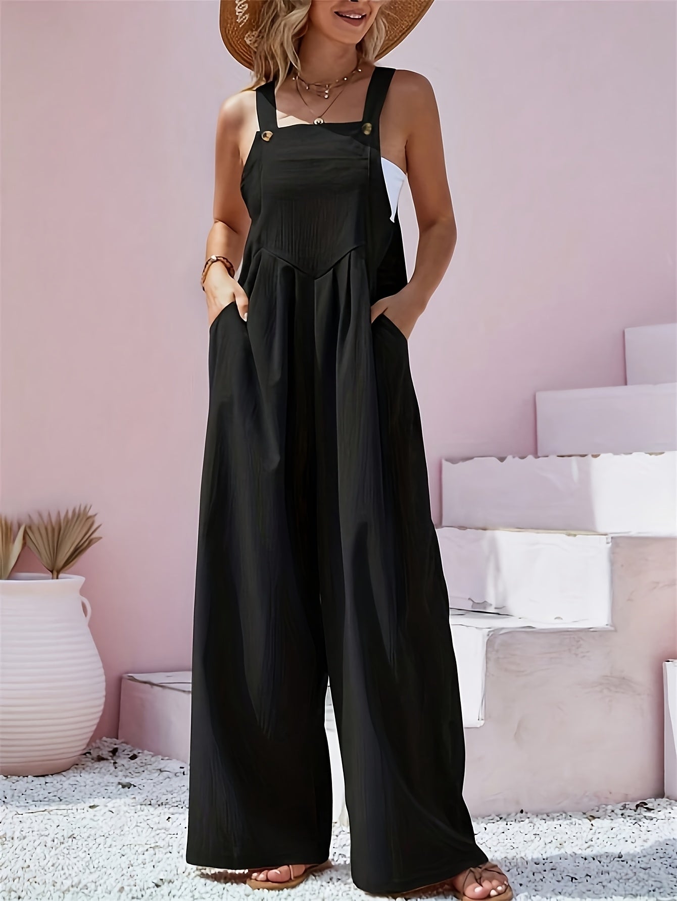 Women's Casual Jumpsuit - Square Neck Wide Leg – Black option – view 2