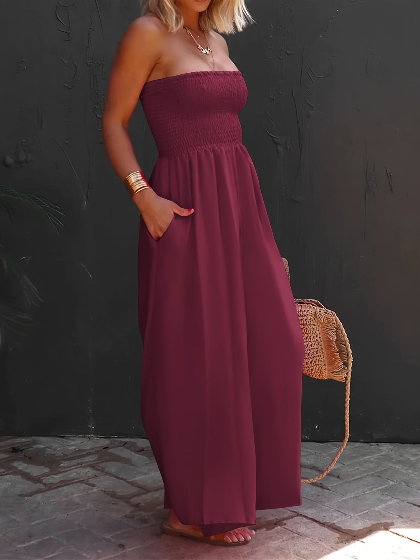 Women's Casual Jumpsuit - Strapless Wide Leg detail view