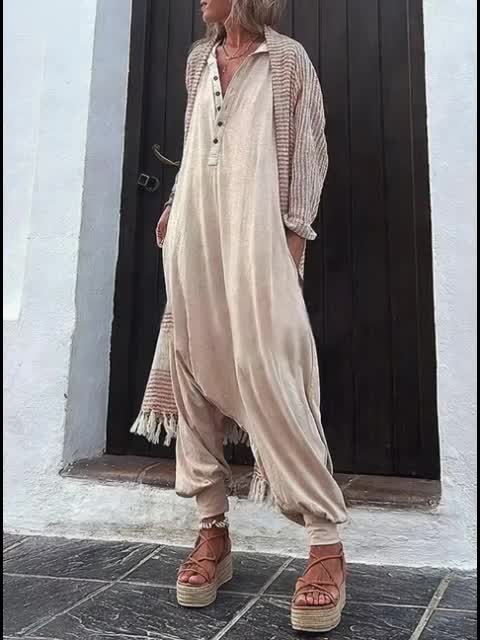 Women's Casual Jumpsuit - V-Neck Wide Leg detail view