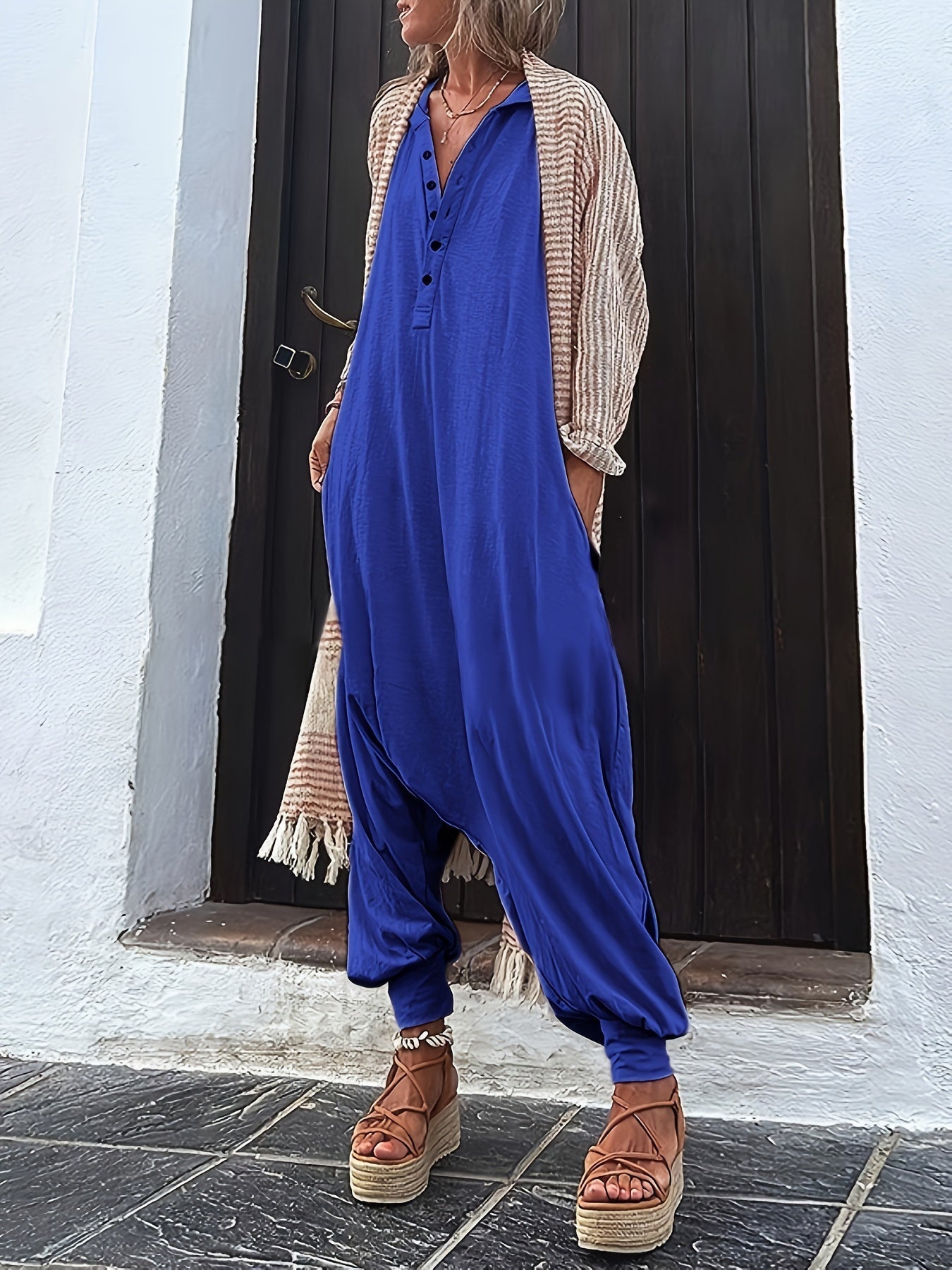 Women's Casual Jumpsuit - Wide Leg Pocket Detail detail view