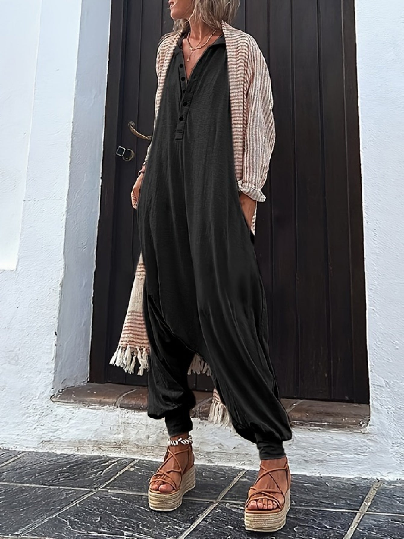 Women's Casual Jumpsuit - Wide Leg Pocket Detail detail view