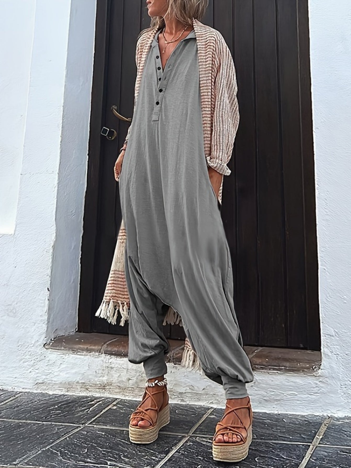 Women's Casual Jumpsuit - Wide Leg Pocket Detail detail view