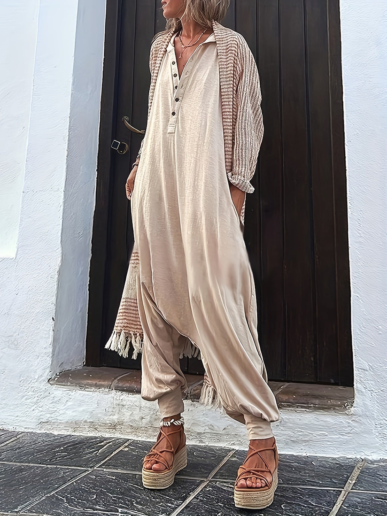 Women's Casual Jumpsuit - Wide Leg Pocket Detail detail view
