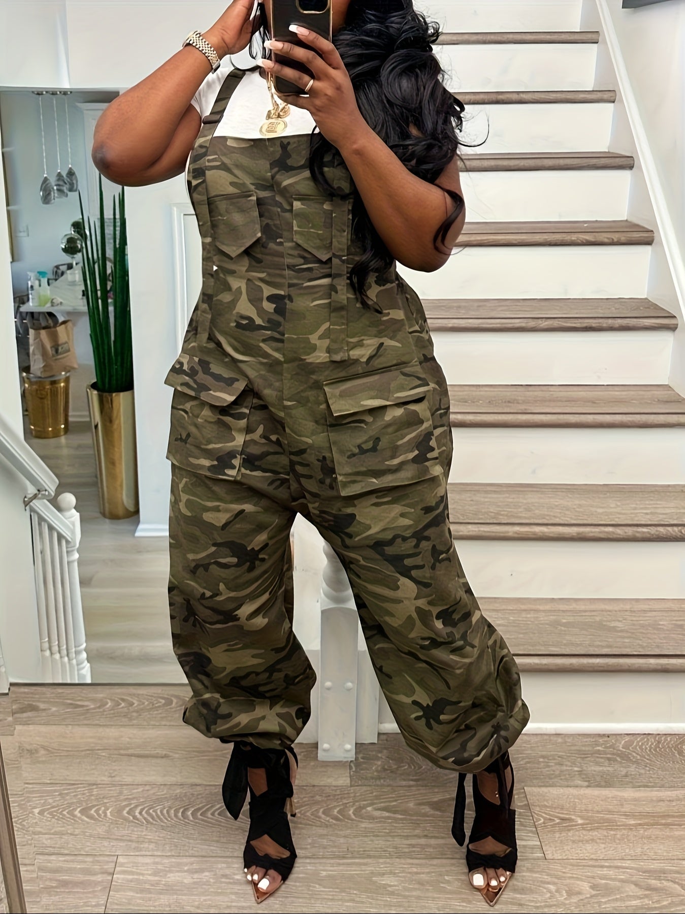 Women's Casual Overalls - Camo Print Wide Leg detail view