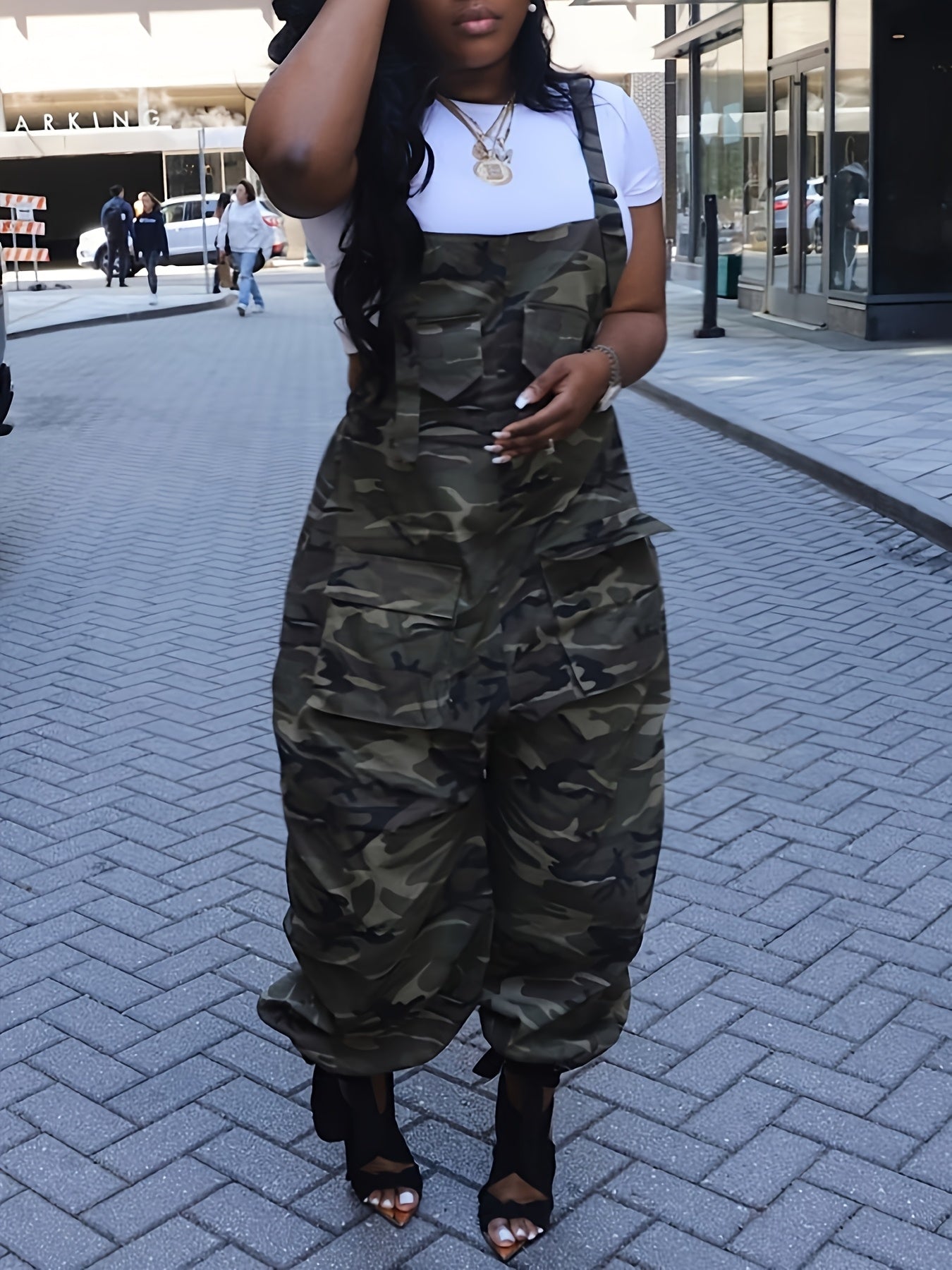 Women's Casual Overalls - Camo Print Wide Leg detail view