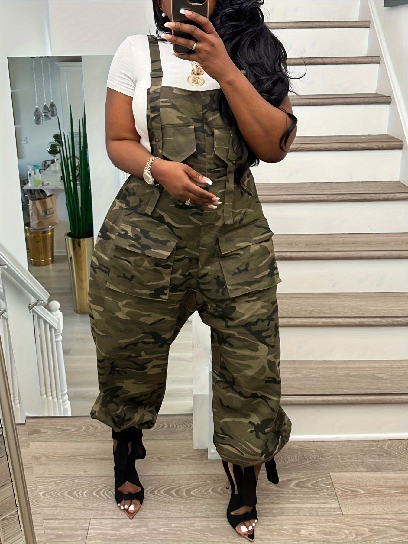 Women's Casual Overalls - Camo Print Wide Leg – Brown option – main product image