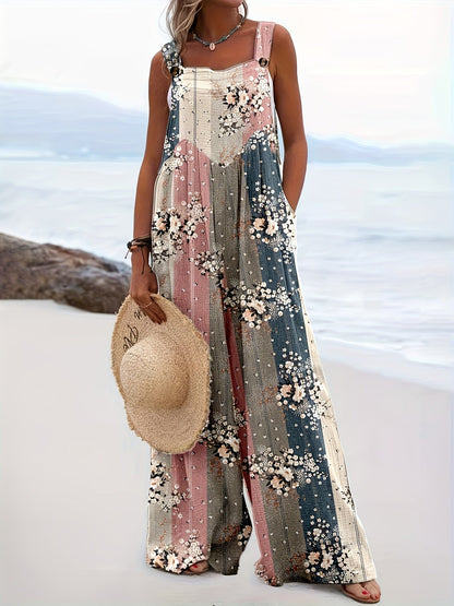 Women's Casual Overalls - Floral Print Wide Leg detail view
