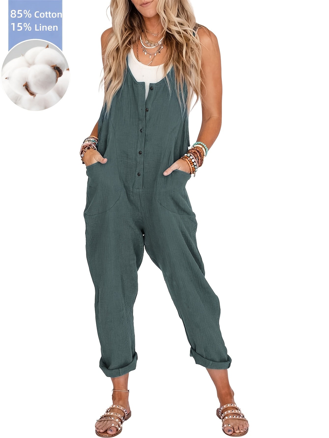 Women's Casual Overalls - Full Length Pocket Detail – Beige option – view 4