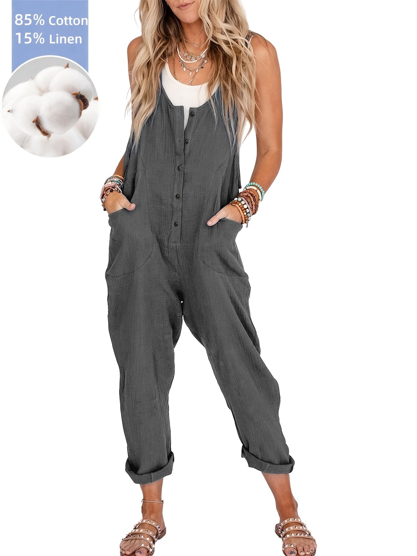 Women's Casual Overalls - Full Length Pocket Detail – Beige option – view 7