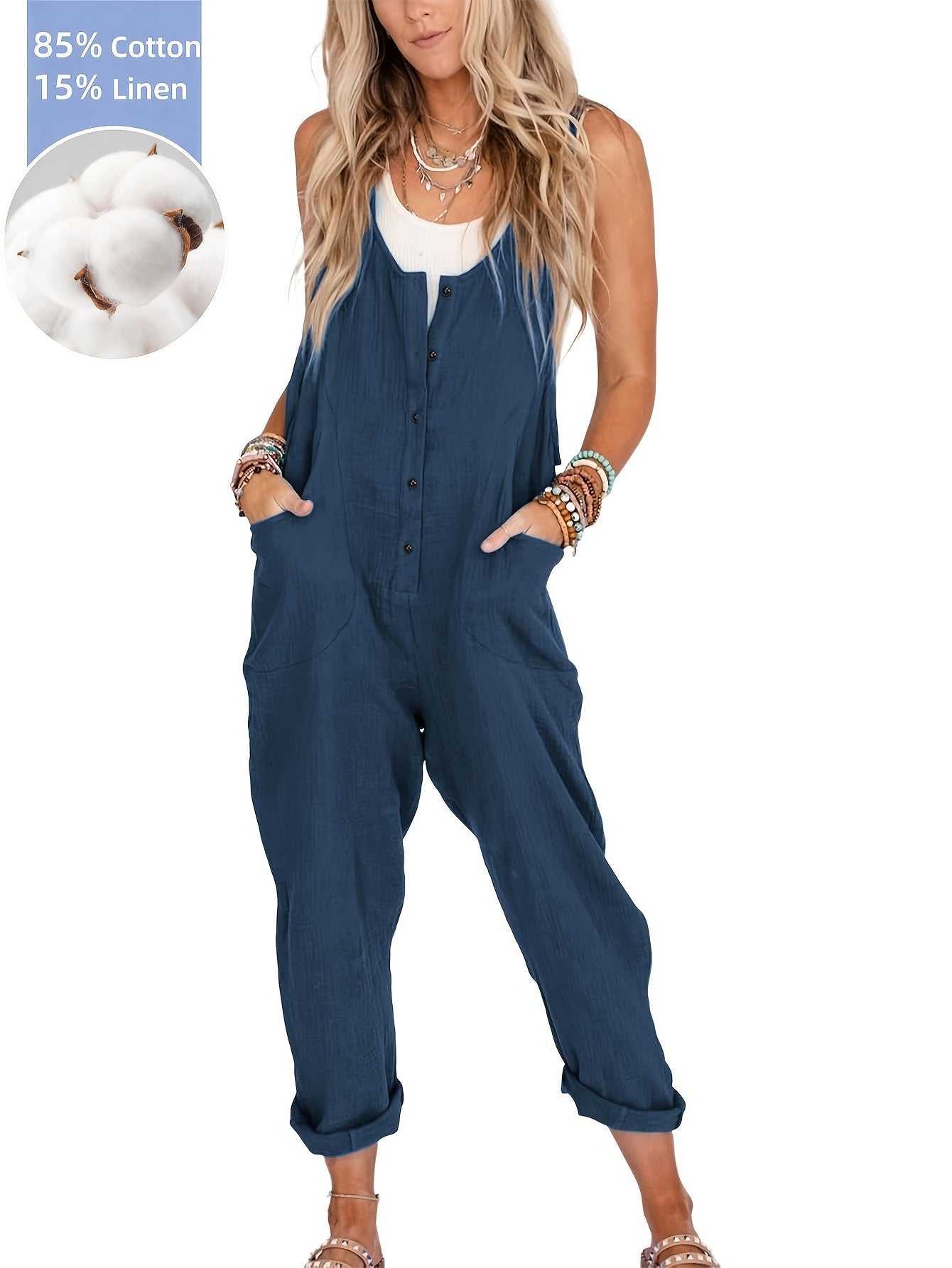 Women's Casual Overalls - Full Length Pocket Detail – Beige option – view 9