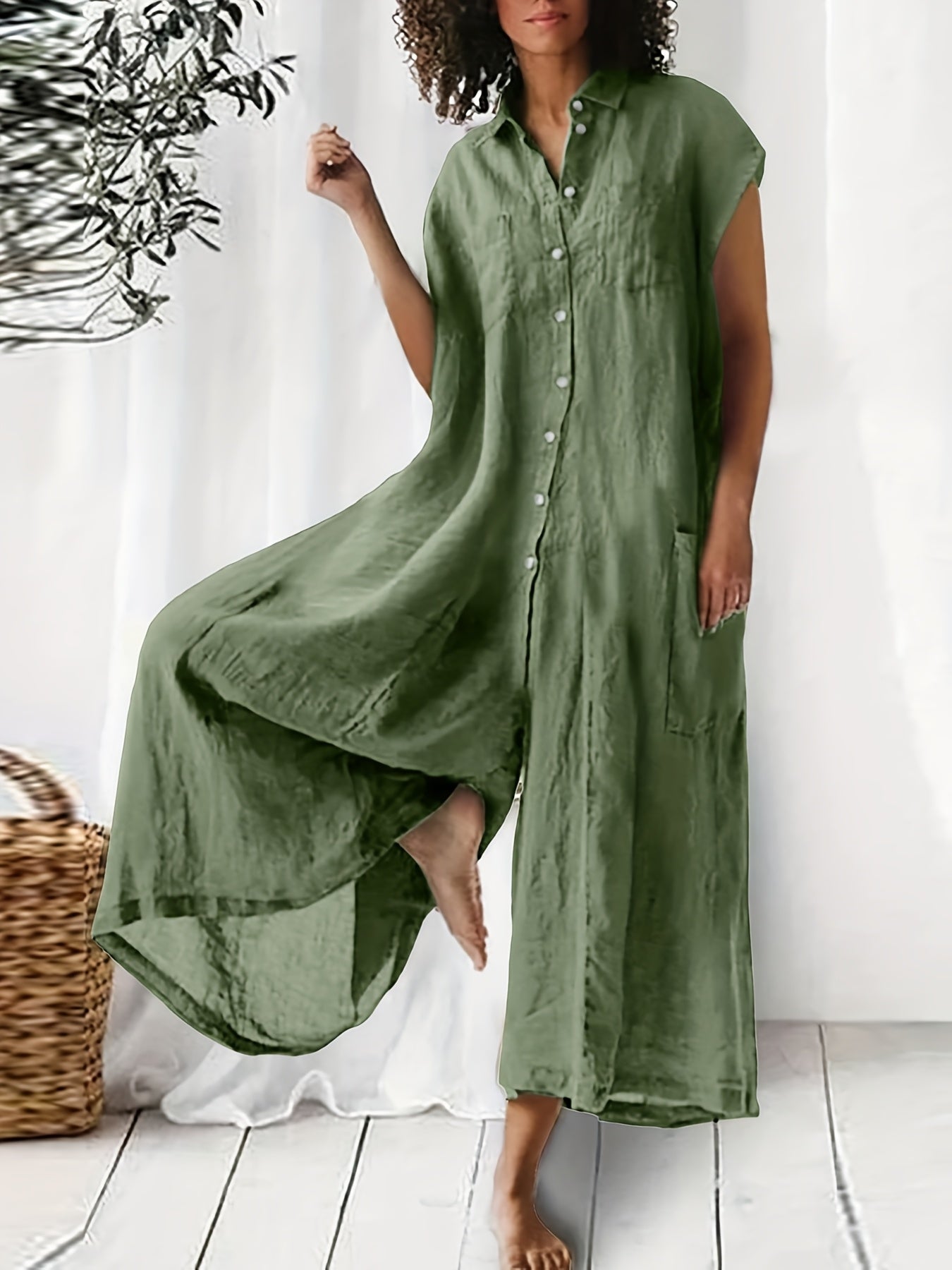 Women's Casual Overalls - V-Neck Full Length – Green option – main product image