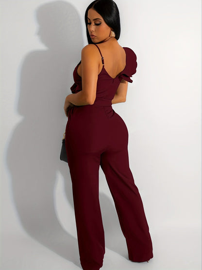 Women's Casual Overalls - V-Neck Wide Leg detail view