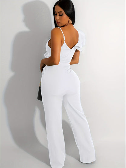 Women's Casual Overalls - V-Neck Wide Leg detail view