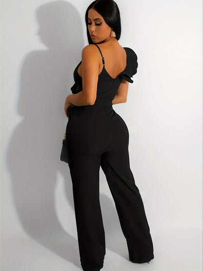Women's Casual Overalls - V-Neck Wide Leg detail view