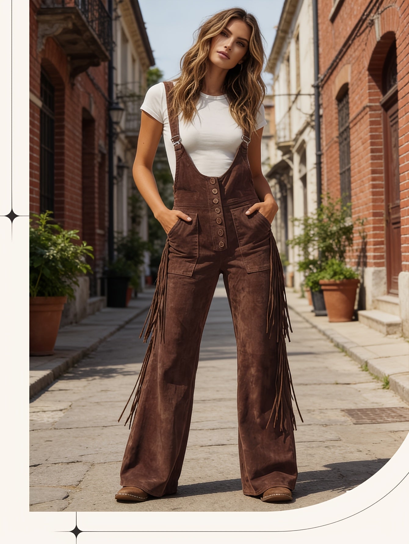 Women's Casual Overalls - Wide Leg Button Detail detail view