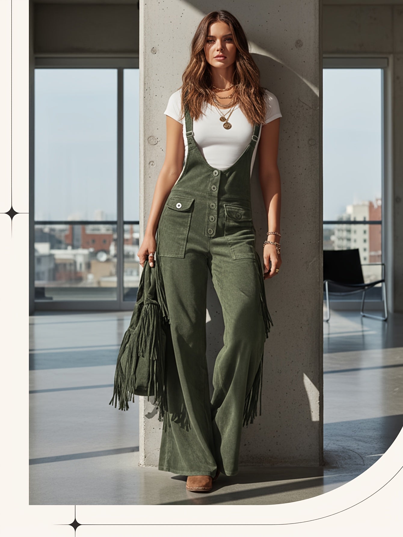 Women's Casual Overalls - Wide Leg Button Detail detail view