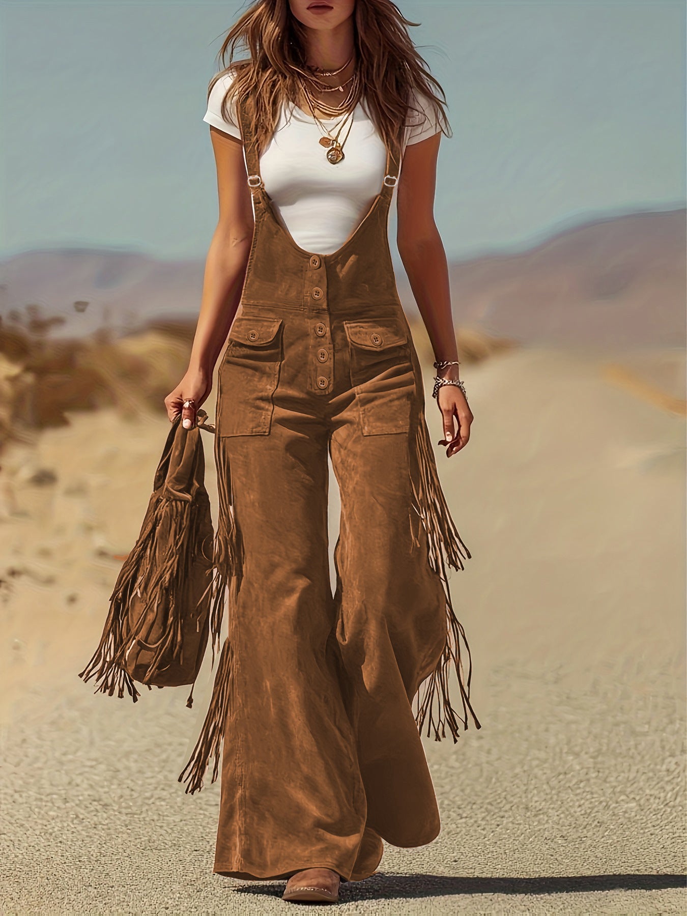 Women's Casual Overalls - Wide Leg Button Detail detail view