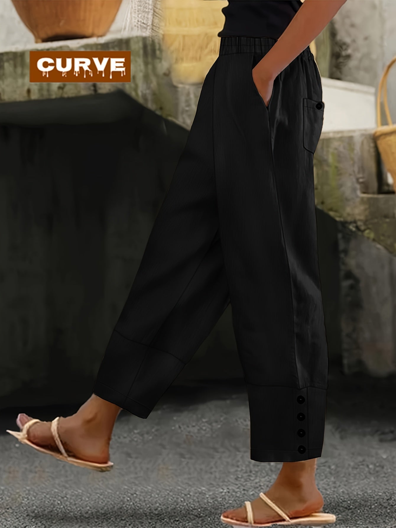 Women's Casual Pants - Elastic Waist With Pockets detail view