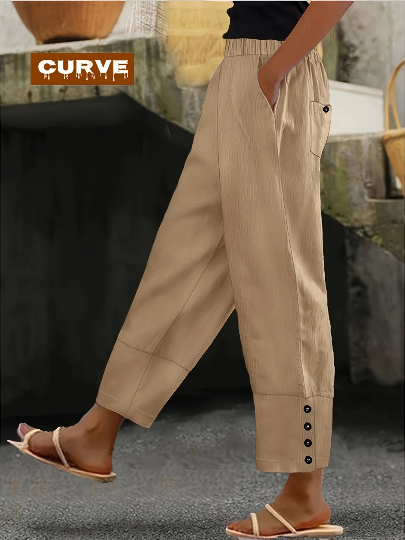 Women's Casual Pants - Elastic Waist With Pockets – Black option – view 2