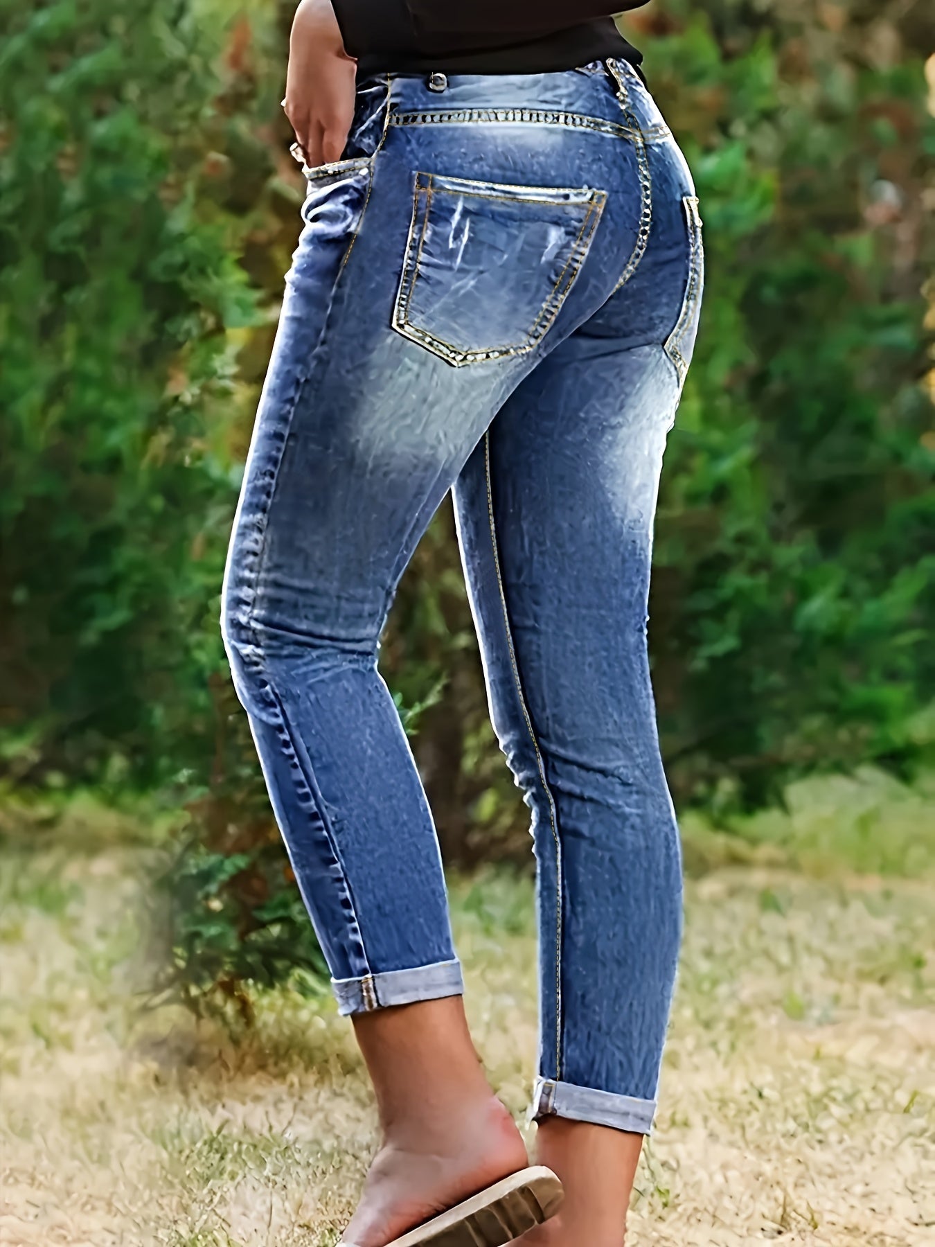 Women's Casual Pants - High Waist – Sea Blue / Black detail view
