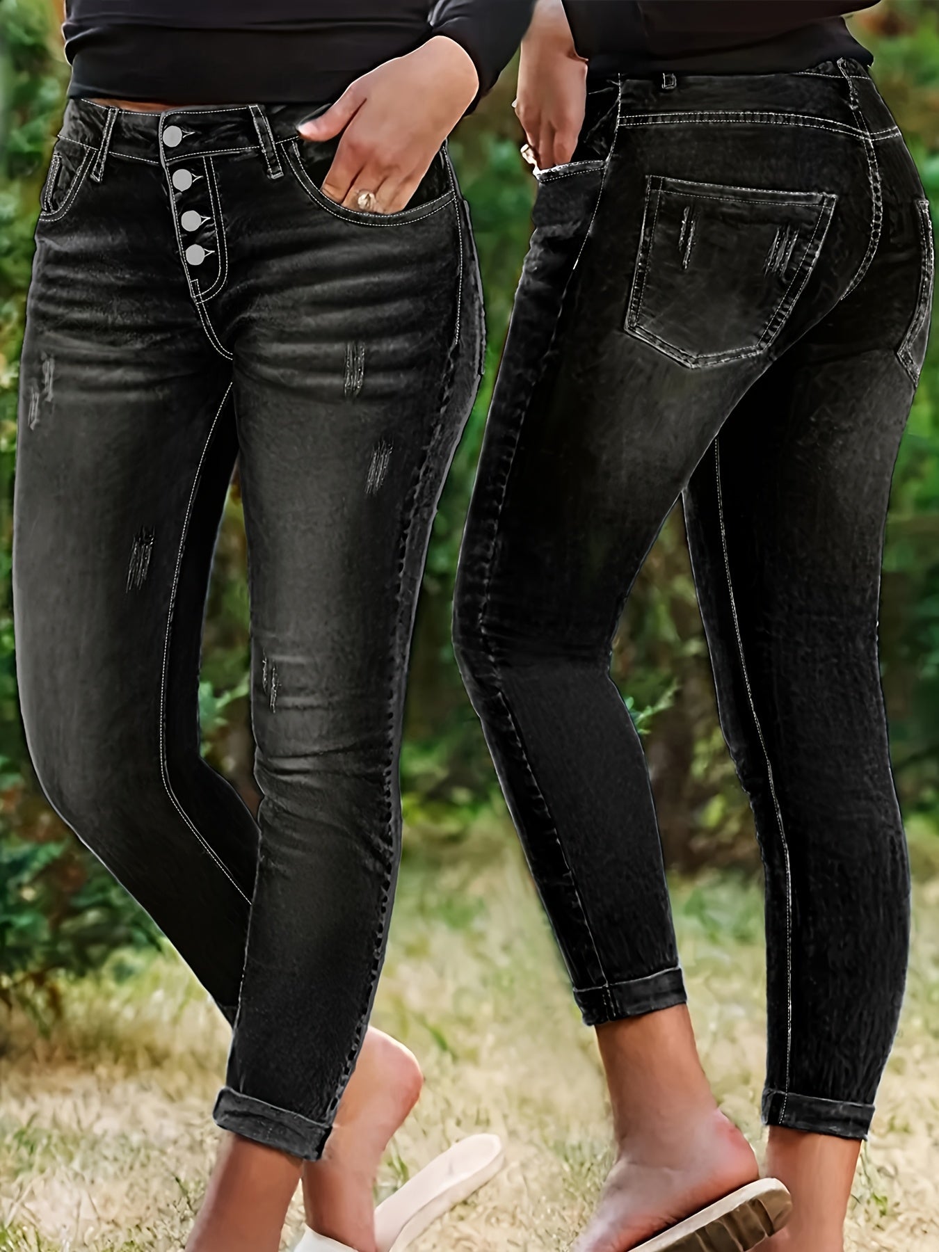 Women's Casual Pants - High Waist – Sea Blue / Black detail view