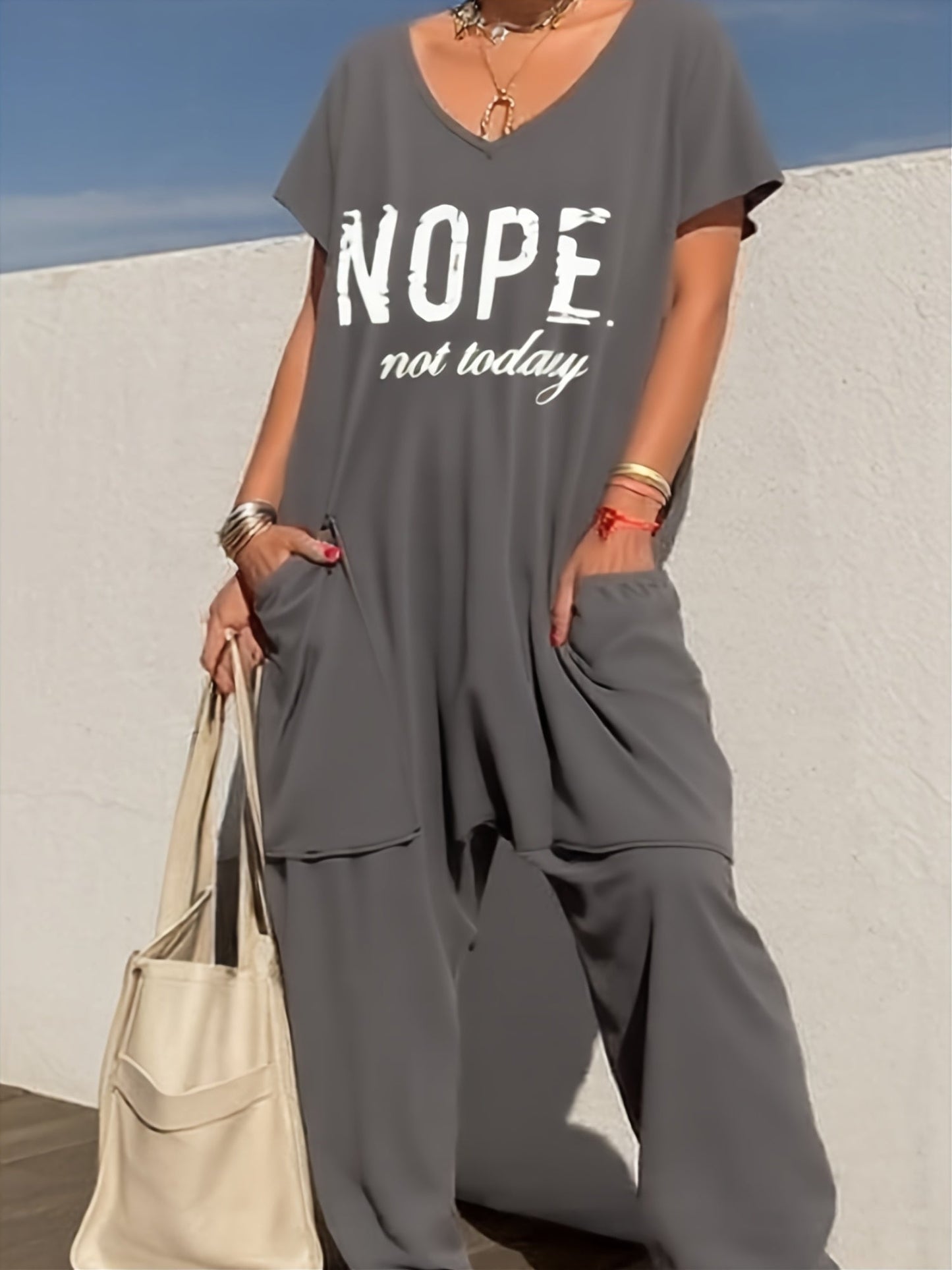 Women's Casual Romper - V-Neck Short Leg detail view