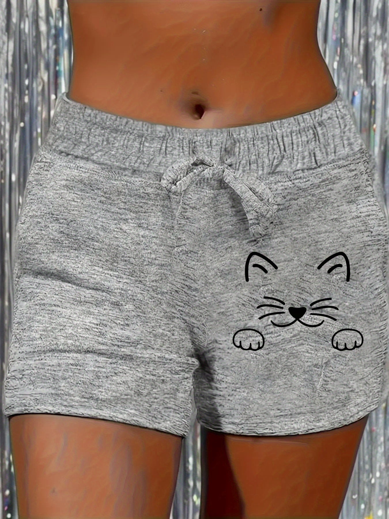 Women's Casual Shorts - Drawstring Graphic Print – Grey option – view 2