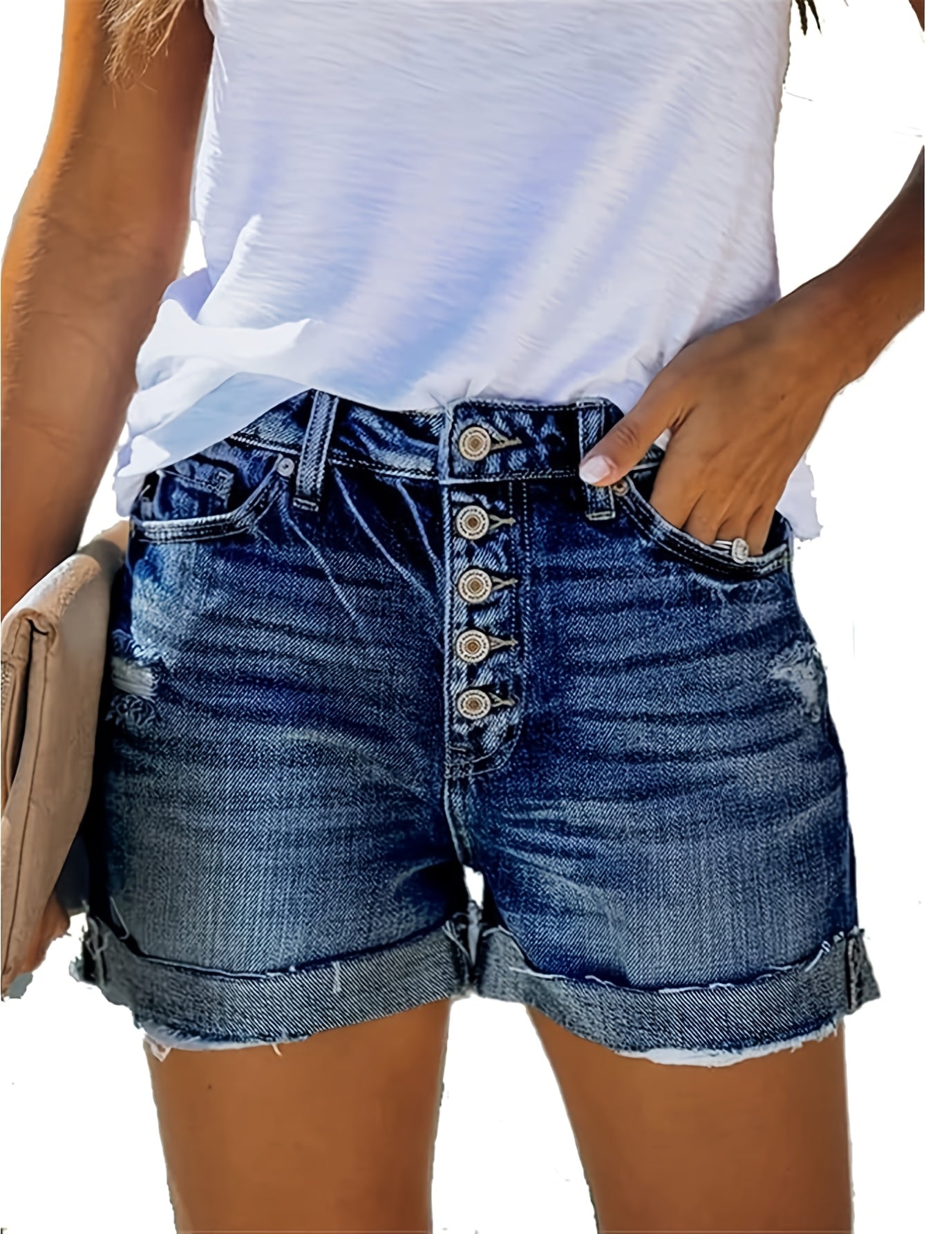 Women's Casual Shorts - High-Waist Fit – Dark Blue / Light Blue detail view