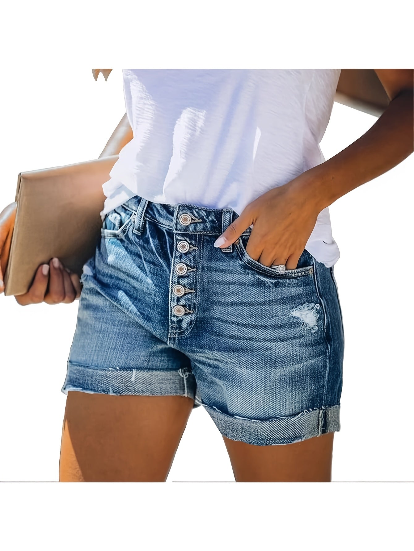 Women's Casual Shorts - High-Waist Fit – Dark Blue / Light Blue detail view