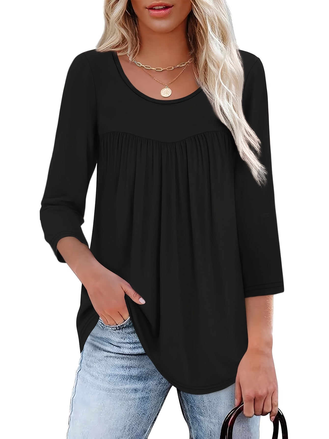 Women's Casual T-Shirt - 3-Pack Round Neck Three-Quarter Sleeve Pleated detail view