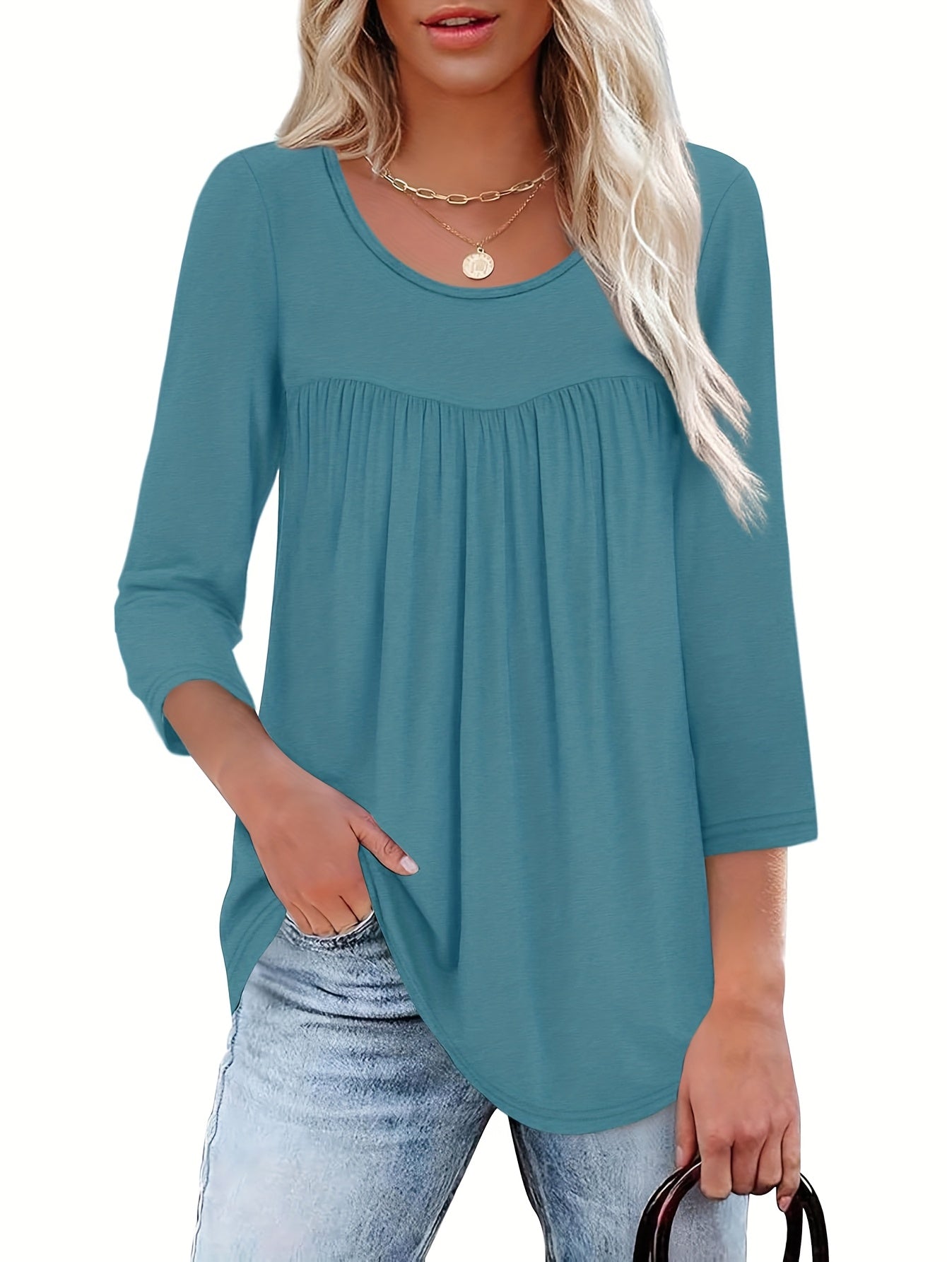 Women's Casual T-Shirt - 3-Pack Round Neck Three-Quarter Sleeve Pleated detail view