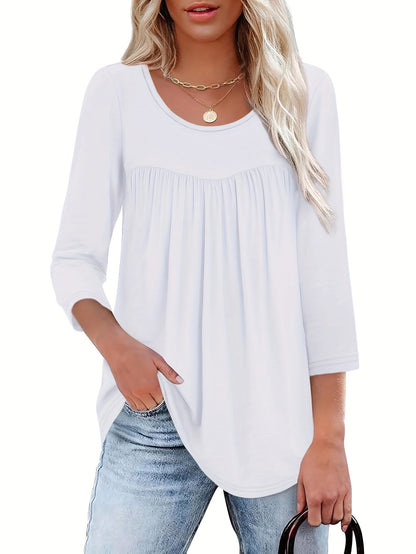 Women's Casual T-Shirt - 3-Pack Round Neck Three-Quarter Sleeve Pleated detail view