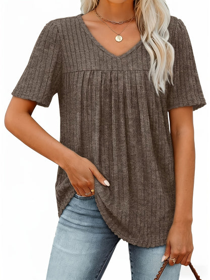 Women's Casual T-Shirt - V-Neck Short Sleeve Pleated detail view