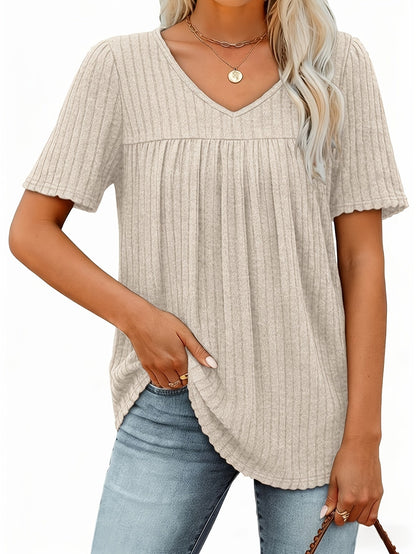Women's Casual T-Shirt - V-Neck Short Sleeve Pleated – Apricot option – main product image