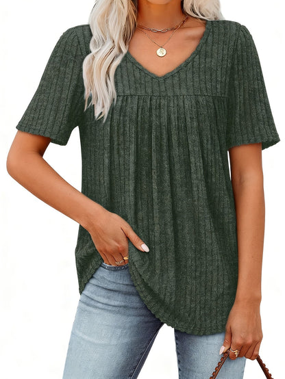 Women's Casual T-Shirt - V-Neck Short Sleeve Pleated – Apricot option – view 2