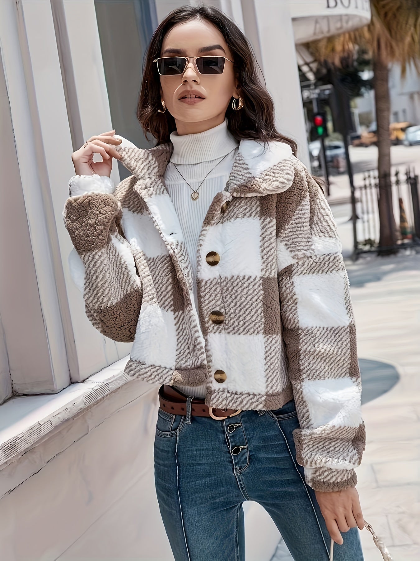 Women's Checkered Teddy Coat - Color Block Winter Warmth – main product image