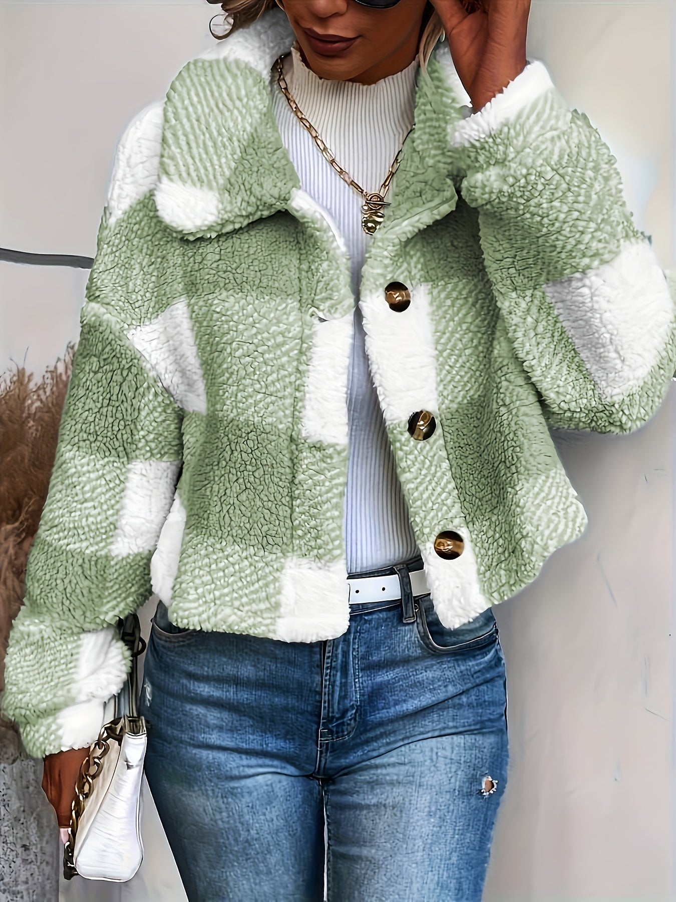 Women's Checkered Teddy Coat - Color Block Winter Warmth detail view