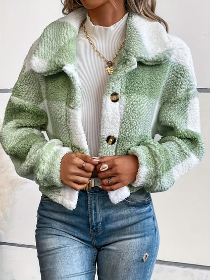Women's Checkered Teddy Coat - Color Block Winter Warmth – Green option – view 2