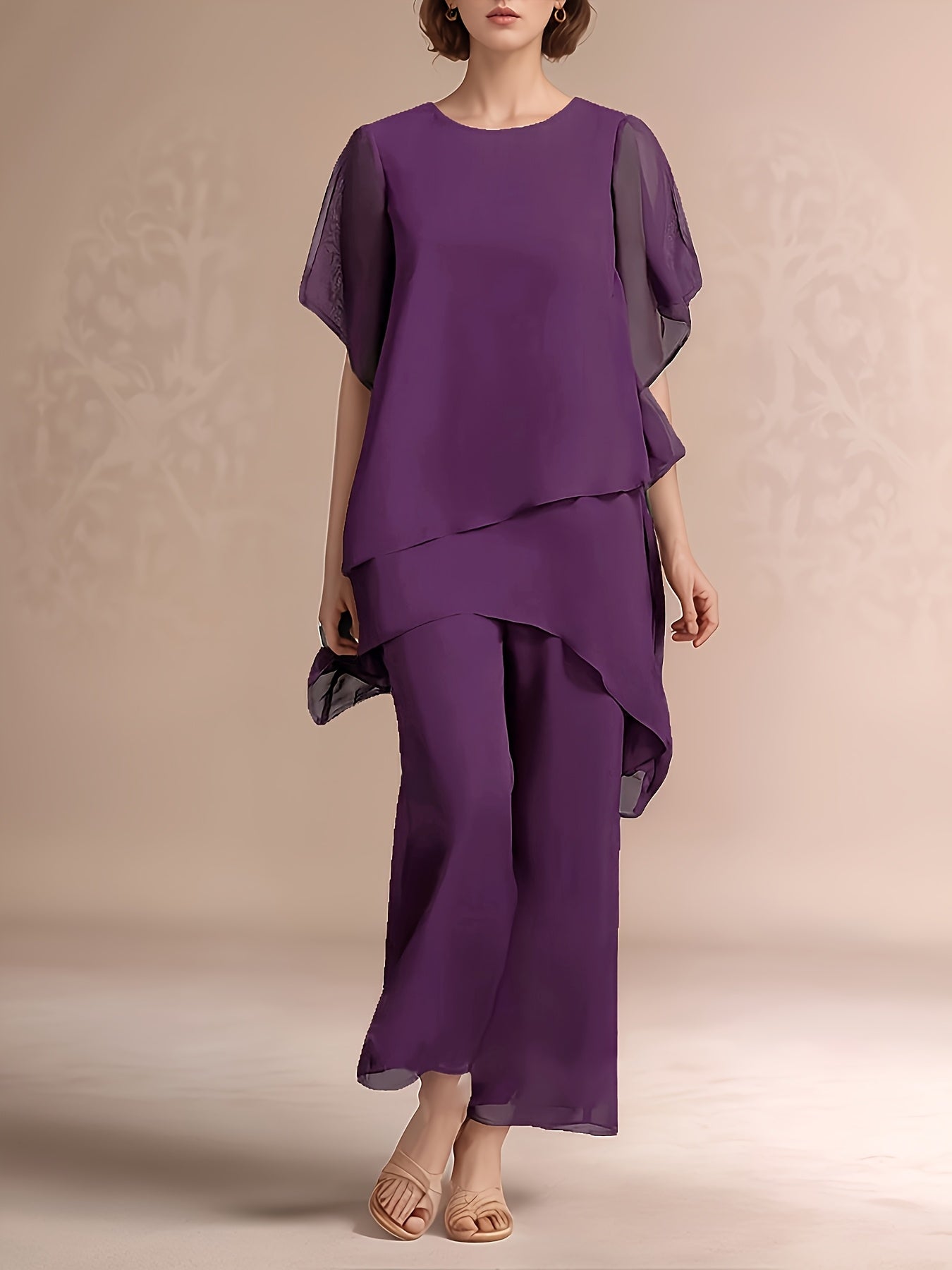 Women's Chiffon Two-Piece Set - Solid Color Party Matching Look detail view