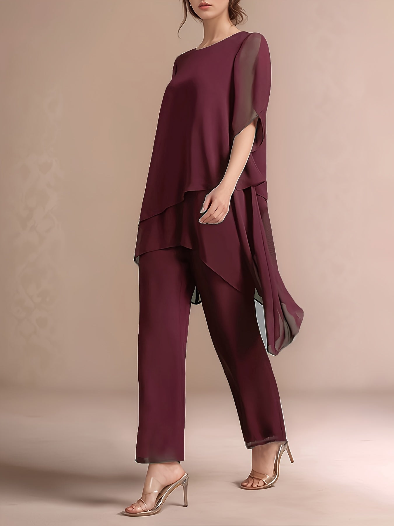 Women's Chiffon Two-Piece Set - Solid Color Party Matching Look detail view