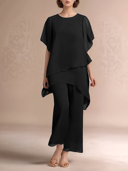 Women's Chiffon Two-Piece Set - Solid Color Party Matching Look – Black option – view 3