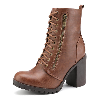 Women's Chunky Heel Ankle Boots - Lace-Up Pocket – view 3