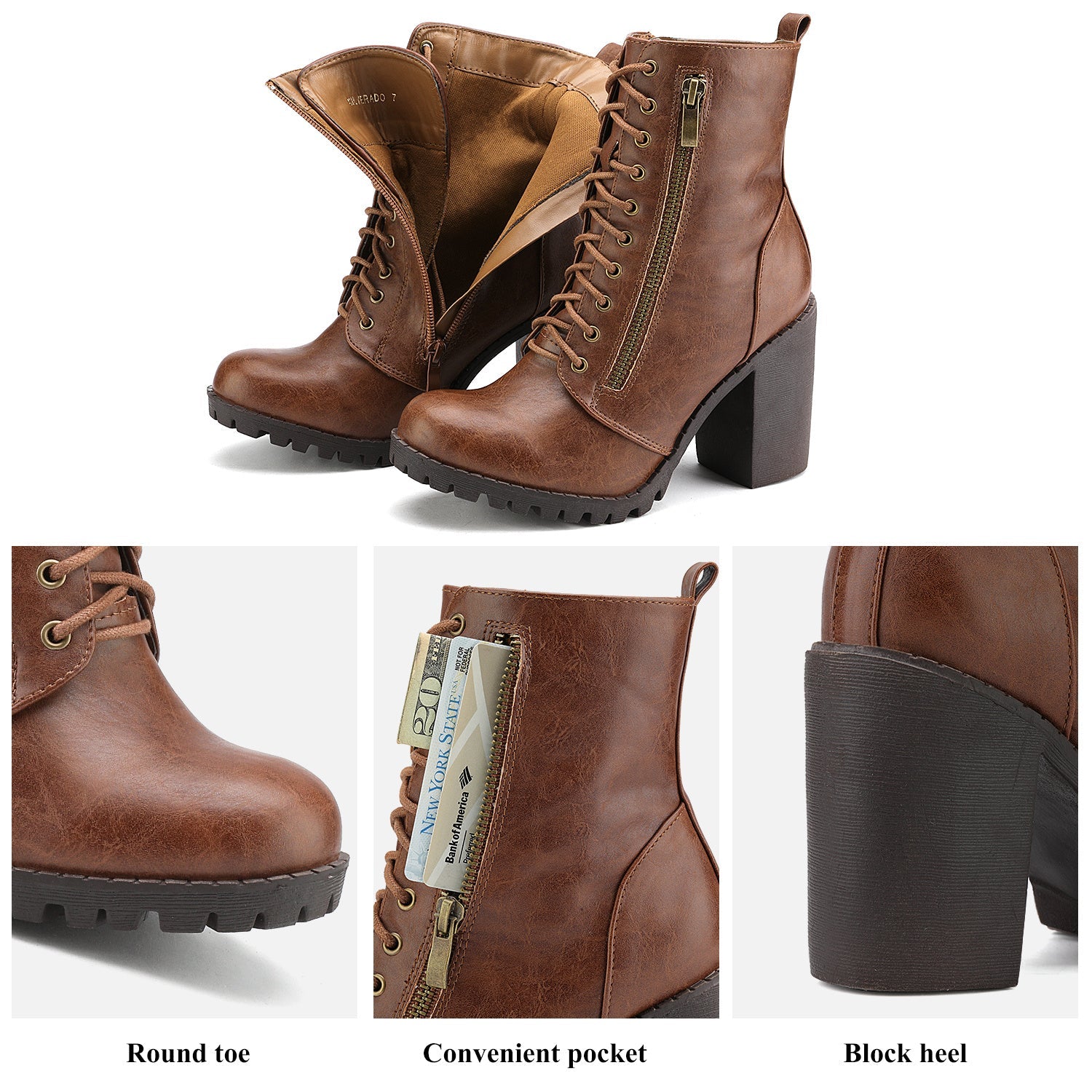 Women's Chunky Heel Ankle Boots - Lace-Up Pocket – view 4
