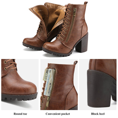 Women's Chunky Heel Ankle Boots - Lace-Up Pocket – view 4