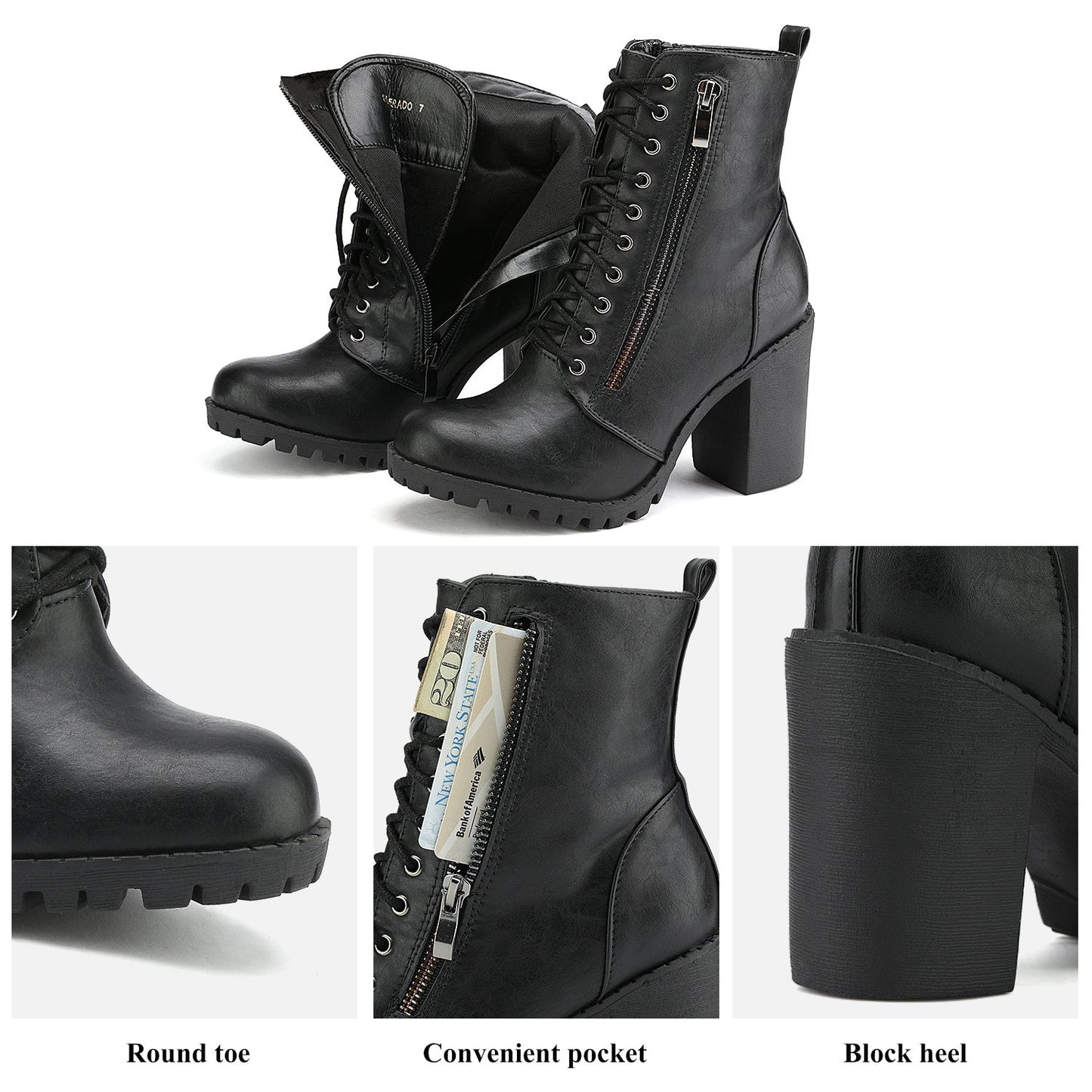 Women's Chunky Heel Ankle Boots - Lace-Up Pocket – view 8