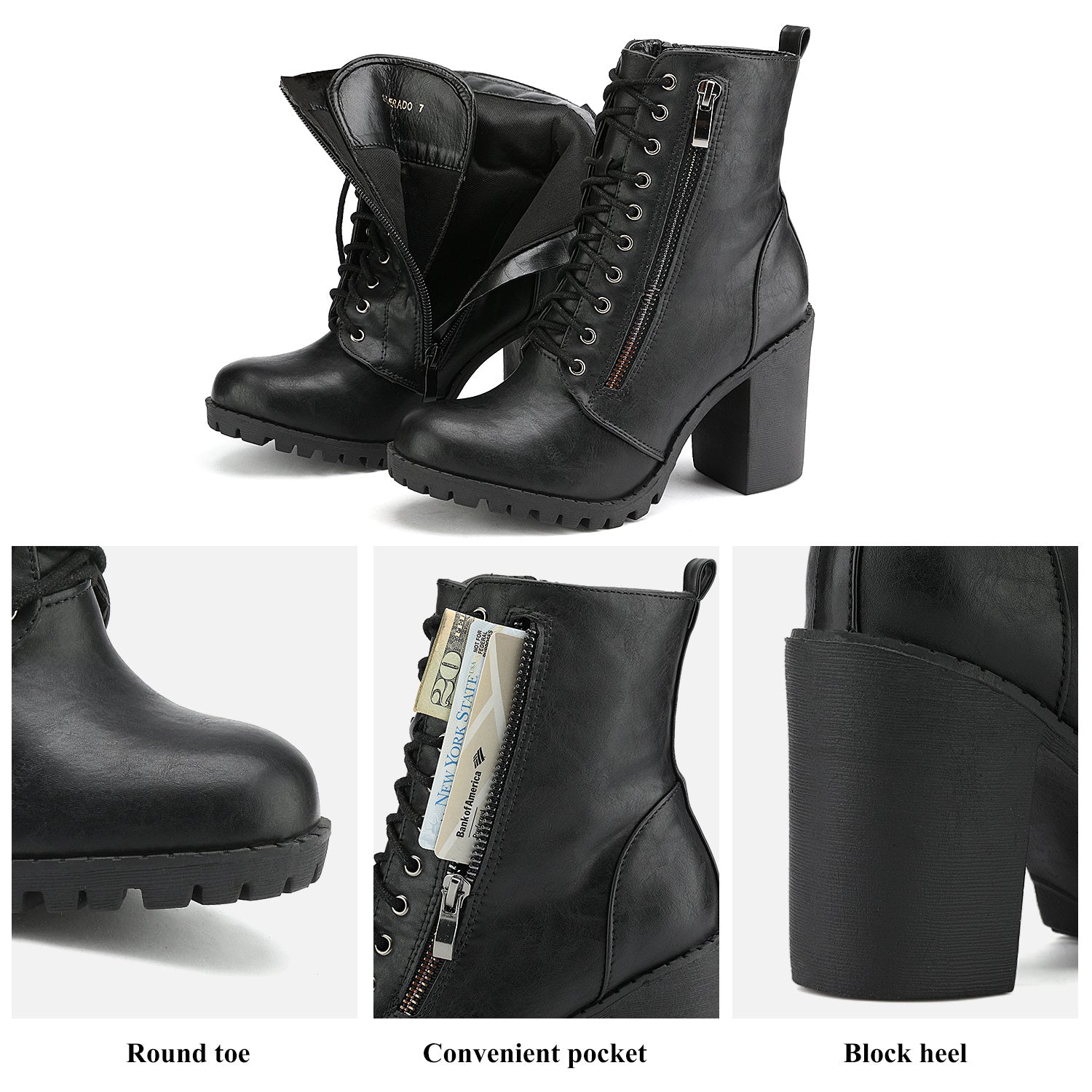 Women's Chunky Heel Ankle Boots - Lace-Up Pocket – view 8
