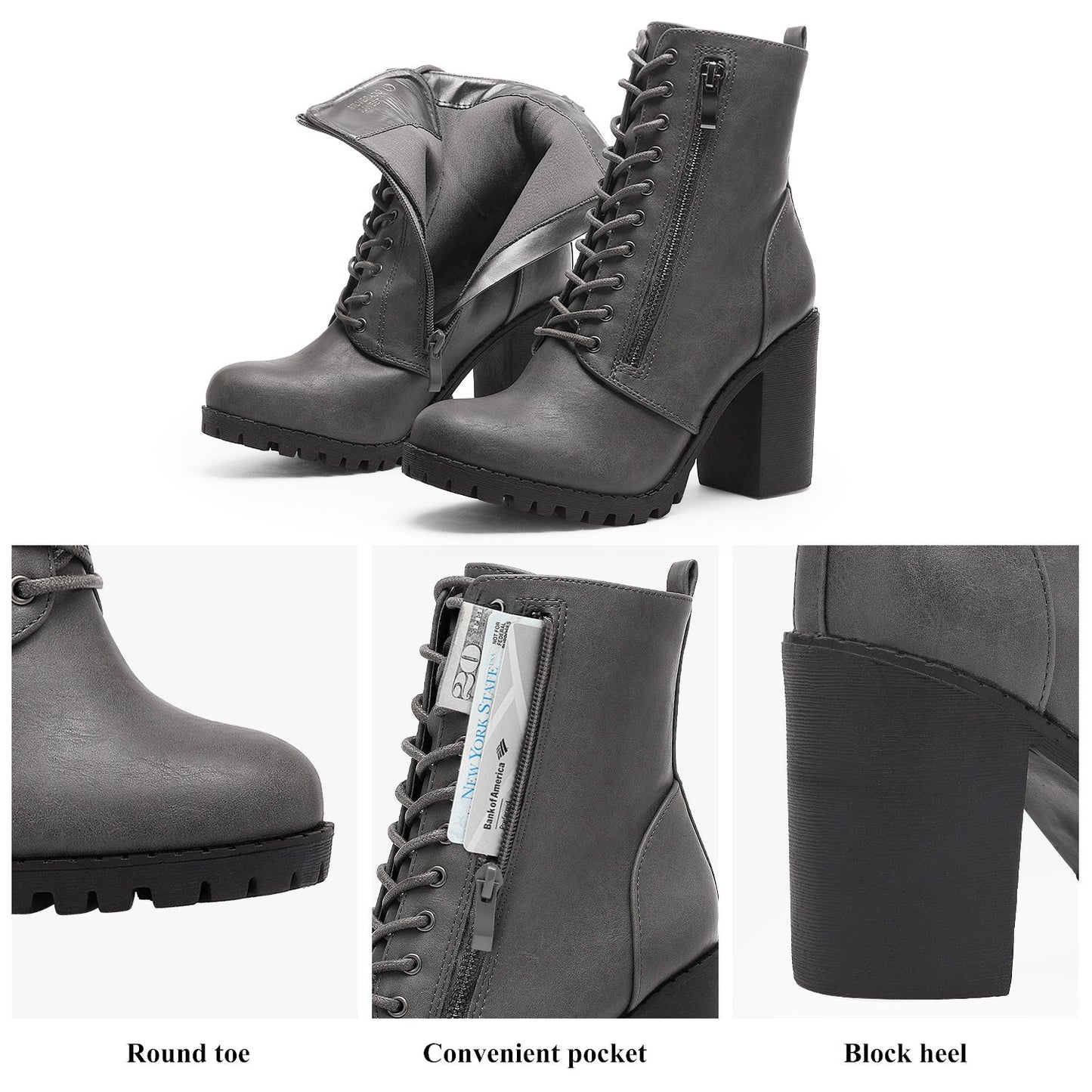 Women's Chunky Heel Ankle Boots - Lace-Up Pocket – view 12