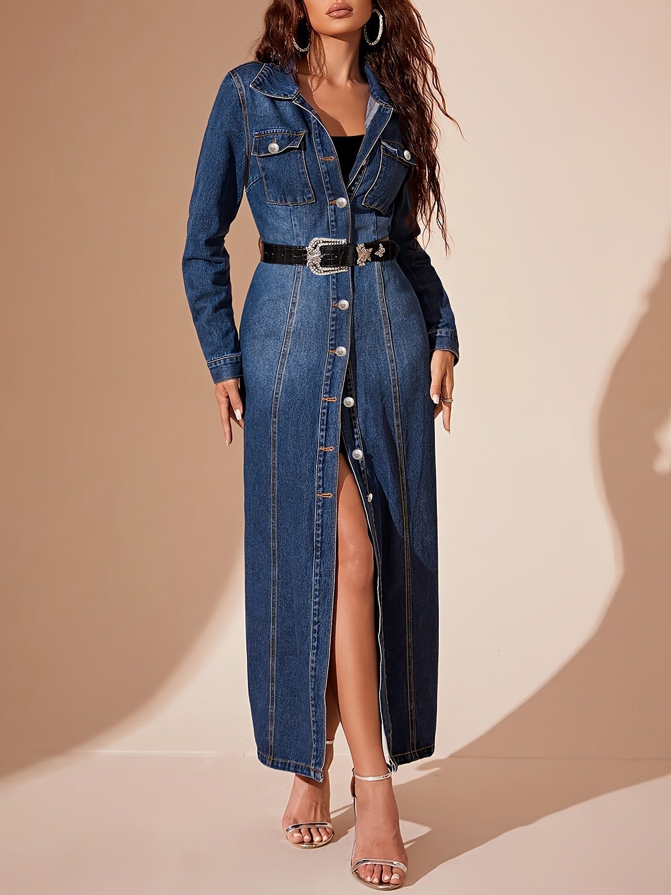 Women's Collared Maxi Casual Dress - Button Front detail view