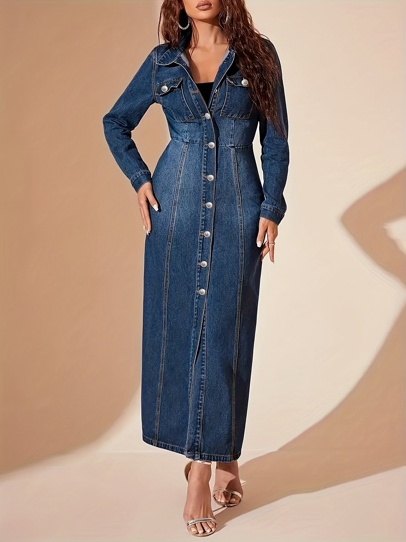 Women's Collared Maxi Casual Dress - Button Front detail view