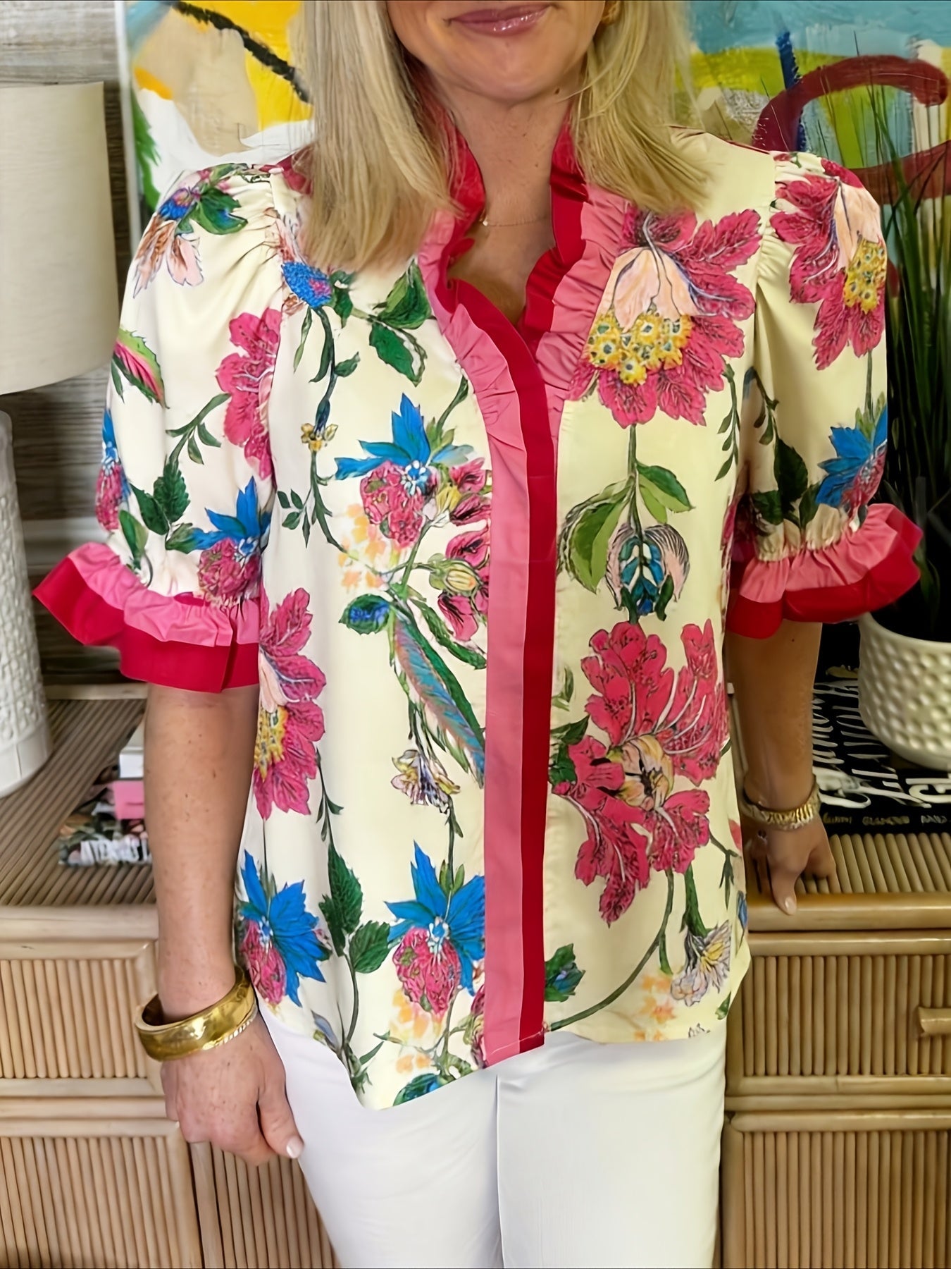 Women's Color Block Blouse - Graphic Print detail view